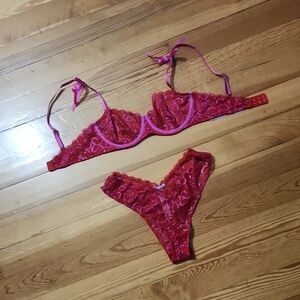 Elegant Red and Pink Lace Lingerie Set